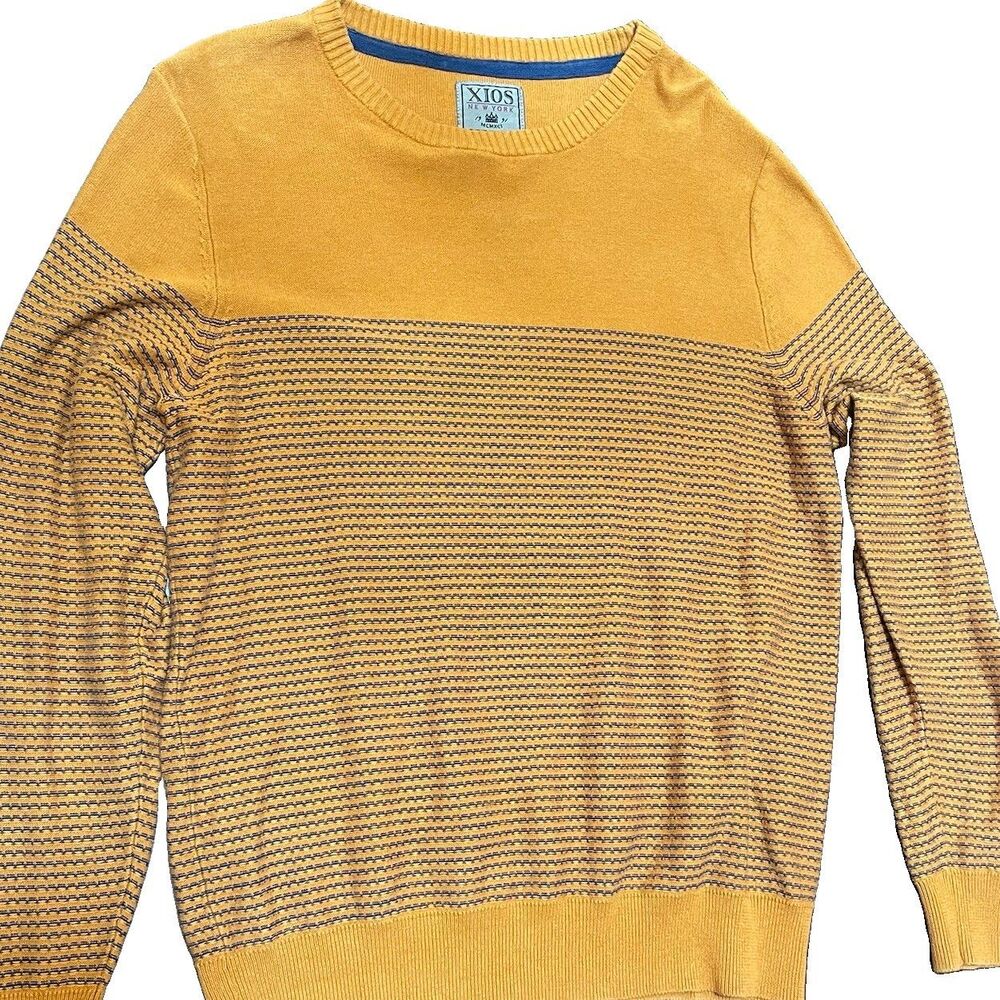 Grandpa Sweater Men M Mustard Yellow Blue Micro Striped Knit Crewneck Retro